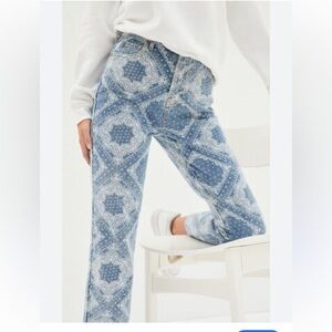 EUC PacSun blue denim high rise straight jeans, bandana print, Size 25